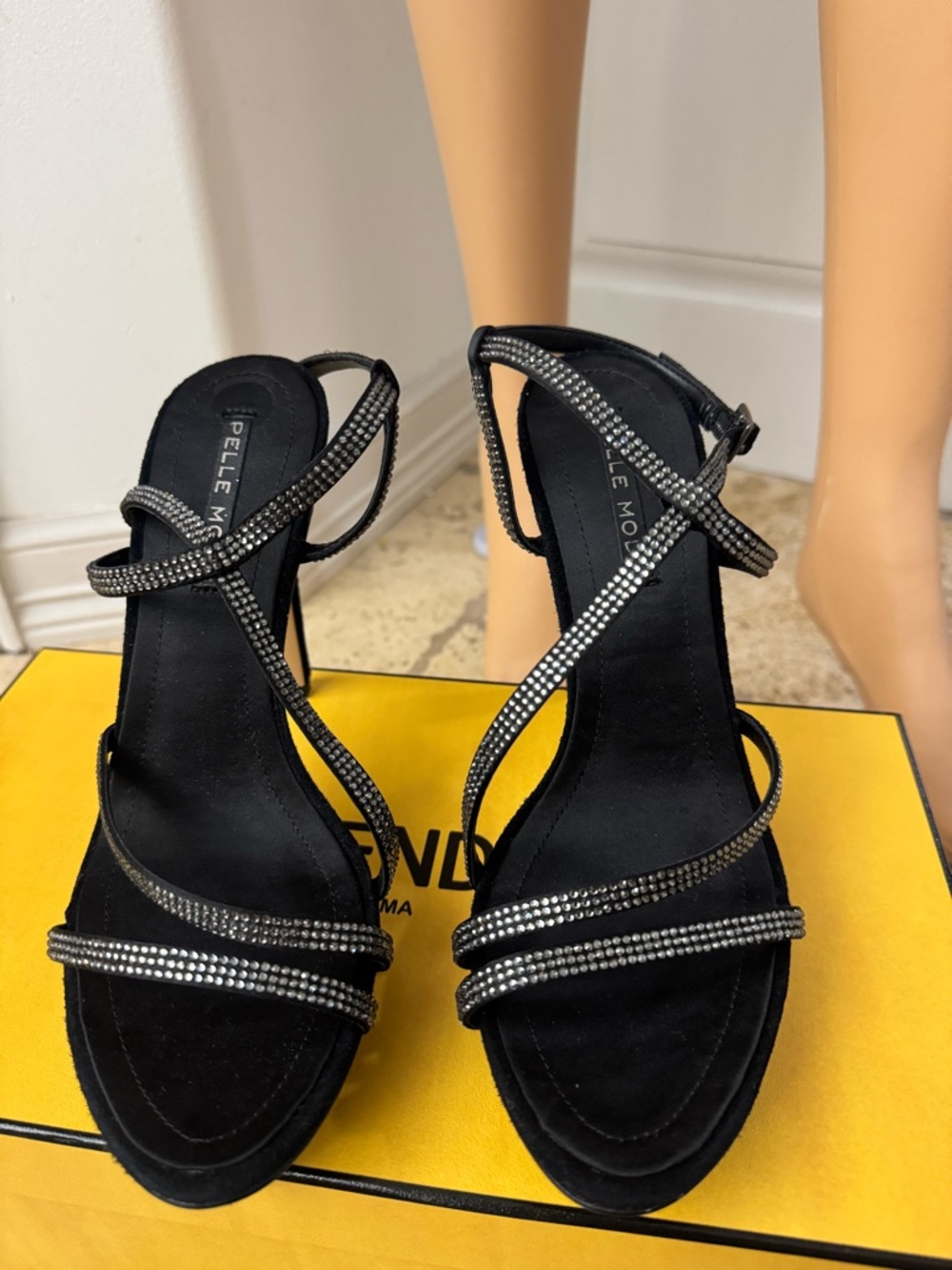Pelle Moda Black Crystal-Strap Heeled Sandals